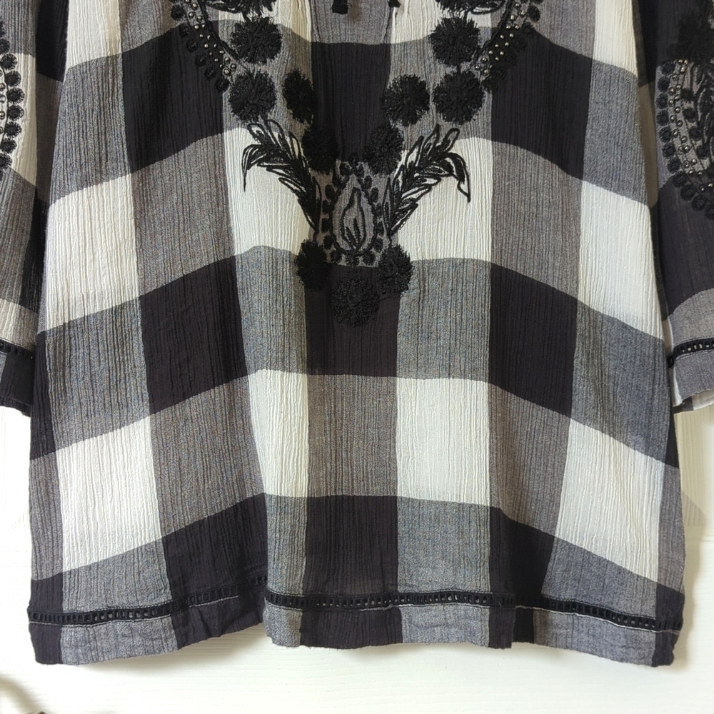 Free People Embroidered & Beaded Buffalo Plaid Gauze Long Sleeve Tunic Top XS - Picture 7 of 12